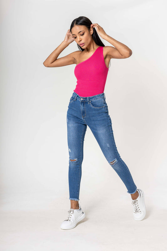 Jean taille haute troué aux genoux stretch