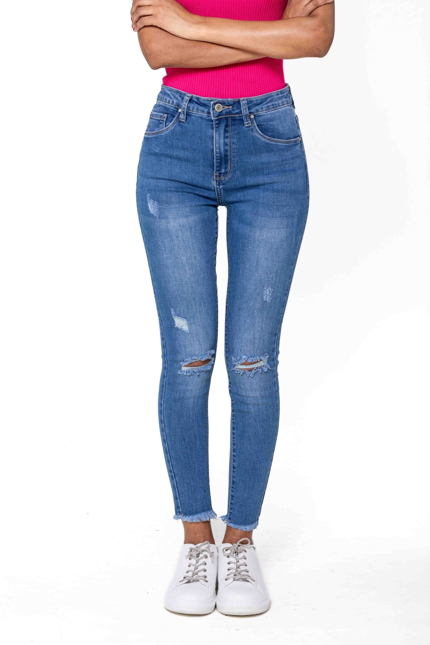 Jean taille haute troué aux genoux stretch