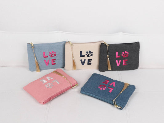 Pochette, trousse à message "LOVE" avec patte de chat