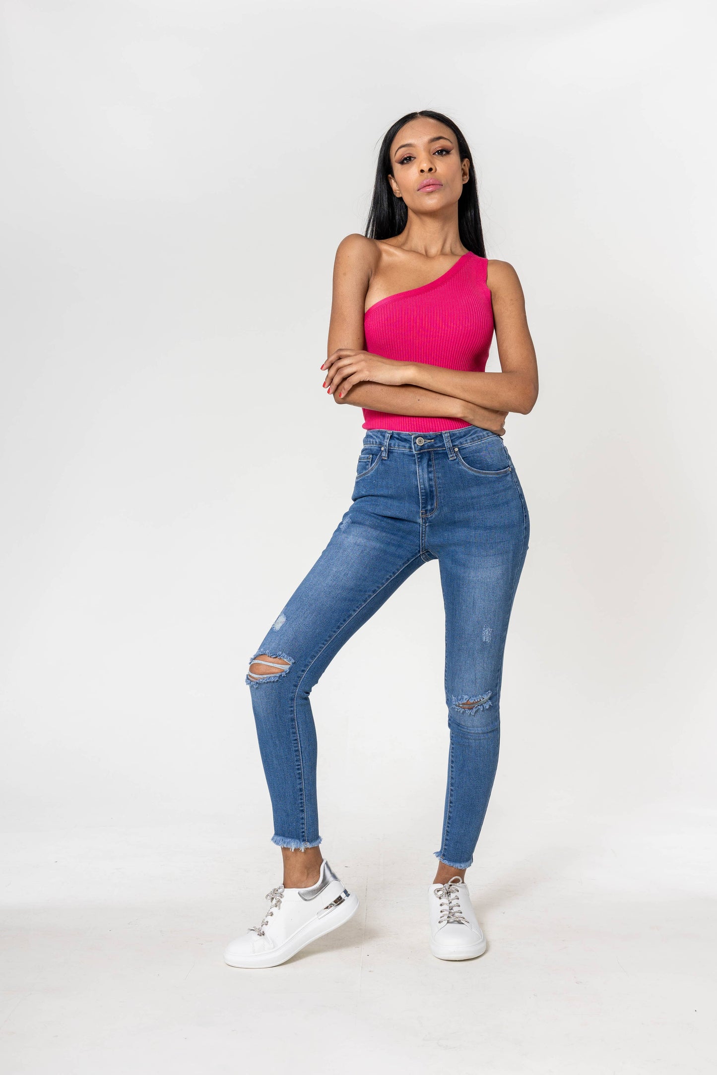 Jean taille haute troué aux genoux stretch